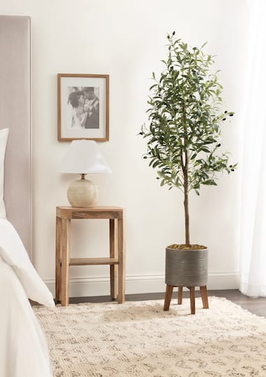 Kate and Laurel 5ft. Green Oliveira Faux Olive Tree with Gray Planter